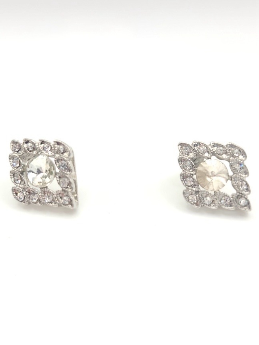 Vintage Silver Tone Rhinestone Diamond Shape Stud Earrings